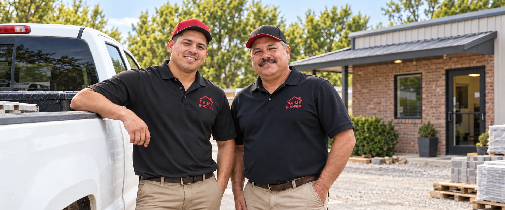 Two business owners in black Prime Roofing polos and red-and-black caps beside their pickup