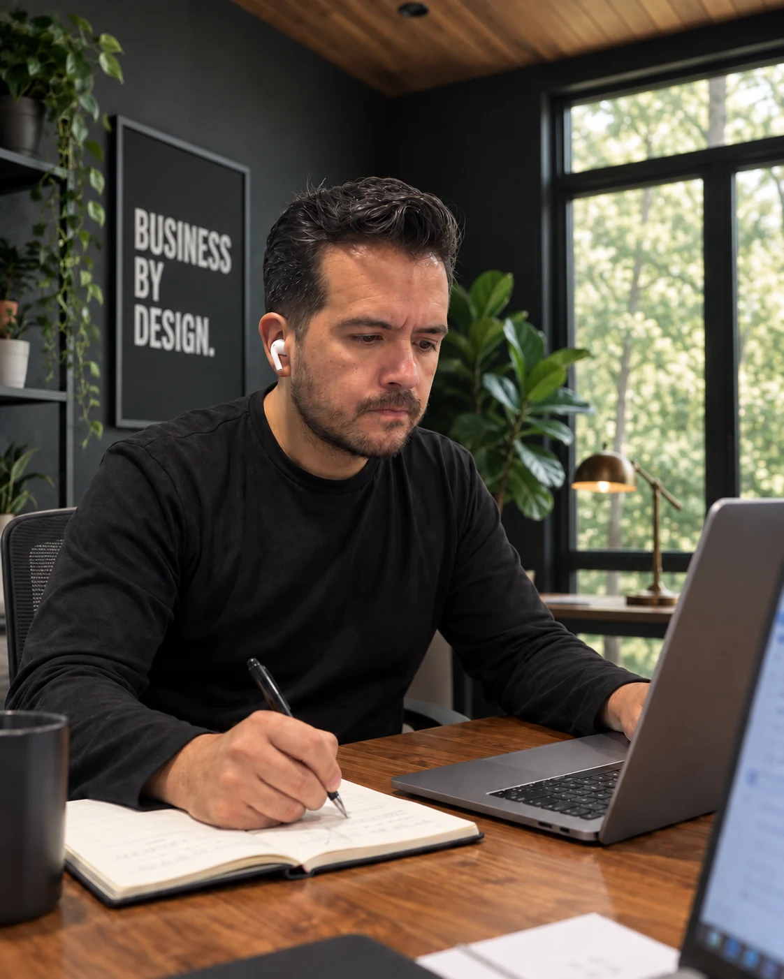 William Suarez working at his computer and taking notes in the Simplicity office